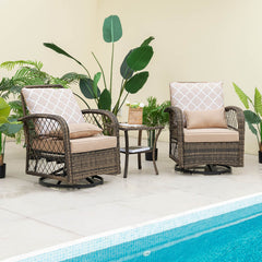 3 Pieces Outdoor Wicker Conversation Set with Tempered Glass Coffee Table