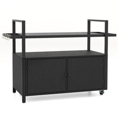 Outdoor Bar Cart Wicker Buffet Serving Cart with Cabinet and 8 Hooks