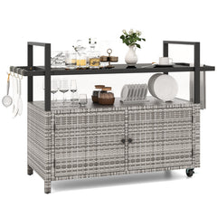 Outdoor Bar Cart Wicker Buffet Serving Cart with Cabinet and 8 Hooks