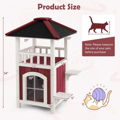 2-Story Wooden Cat House with Asphalt Roof Balcony and Rain Curtain