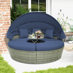 Outdoor PE Wicker Round Daybed with Retractable Canopy and Cushions