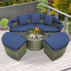 Outdoor PE Wicker Round Daybed with Retractable Canopy and Cushions