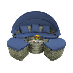 Outdoor PE Wicker Round Daybed with Retractable Canopy and Cushions