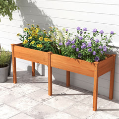 Fir Wood Outdoor Raised Garden Bed with Divider Panel and Drainage Holes