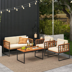 4 Pieces Acacia Wood Outdoor Sofa Set for Balcony, Porch, Backyard, Poolside