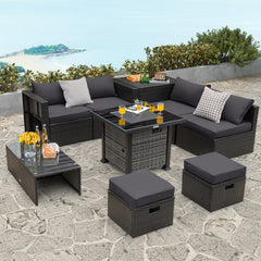 Outdoor 9 Pieces Patio Furniture Set with 50,000 BTU Propane Fire Pit Table