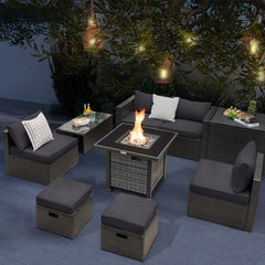 Outdoor 9 Pieces Patio Furniture Set with 50,000 BTU Propane Fire Pit Table