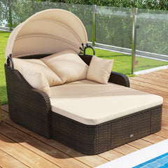 Patio PE Rattan Daybed with Retractable Canopy and Soft Cushions