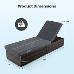 Patio Wicker Lounge Chair with 4-level Backrest and Long Seat Cushion