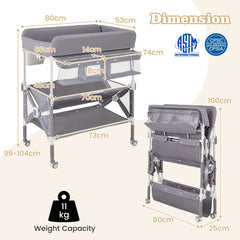 Portable Baby Changing Table with Wheels and Large Storage Rack In Gray