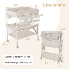 Portable Baby Changing Table with Wheels and Large Storage Rack In Natural