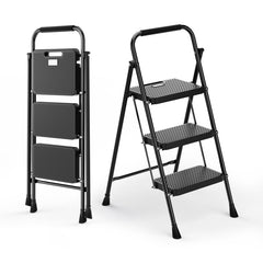 Portable Folding 3 Step Ladder with Wide Anti-Slip Pedal and Convenient Handle
