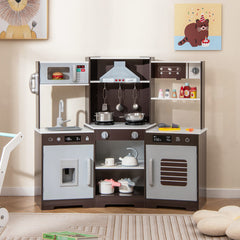 Pretend Play Kitchen Wooden Toy Set with Range Hood Real Sounds and Lights