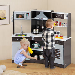 Pretend Play Kitchen Wooden Toy Set with Range Hood Real Sounds and Lights