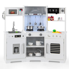 Pretend Play Kitchen Wooden Toy Set with Range Hood Real Sounds and Lights