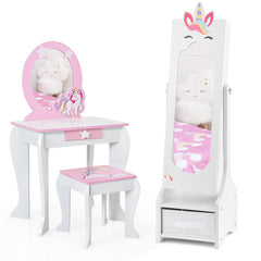 Kids Princess Vanity Table and Stool Set with Jewelry Cabinet and Mirror Drawer