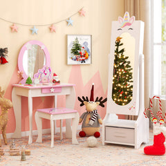 Kids Princess Vanity Table and Stool Set with Jewelry Cabinet and Mirror Drawer