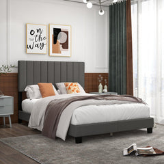 Queen Size Upholstered Bed Frame with Vertical Channel Tufted Headboard-Gray