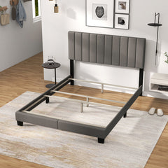 Queen Size Upholstered Bed Frame with Vertical Channel Tufted Headboard-Gray