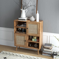 Rattan Buffet Cabinet with 2 Doors and 2 Cubbies