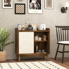 Rattan Buffet Sideboard Mid Century Floor Storage Cabinet with Sliding Door and Adjustable Shelves