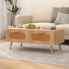 Rattan Coffee Table Mid Century Modern Center Table with 2 Storage Drawers