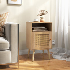 Rattan Nightstand with Charging Station Bedside Table with USB Ports and PE Rattan Door