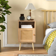 Rattan Nightstand with Charging Station Bedside Table with USB Ports and PE Rattan Door