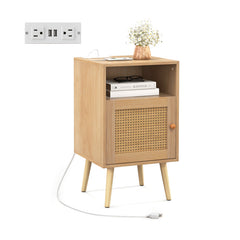 Rattan Nightstand with Charging Station Bedside Table with USB Ports and PE Rattan Door