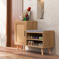 2-in-1 Rattan Shoe Cabinet with Bench Shoe Storage Bench with Washable Cushion