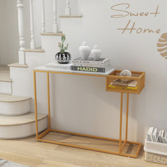 Rectangular White Faux Marble Console Table with Storage