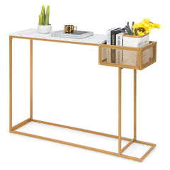Rectangular White Faux Marble Console Table with Storage
