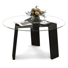 29.5 Inch Round Glass Coffee Table with Solid Rubber Wood Legs for Living Room Home Office Small Space