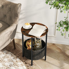 Round End Table 2-Tier Side Table with Removable Fabric Basket and Metal Frame