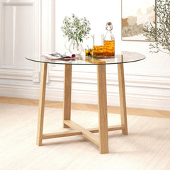 42 Inches Round Glass Dining Table with Tempered Glass Tabletop and Rubber Wood Legs