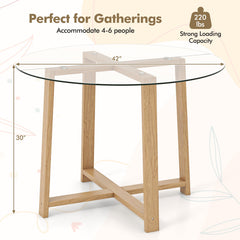 42 Inches Round Glass Dining Table with Tempered Glass Tabletop and Rubber Wood Legs
