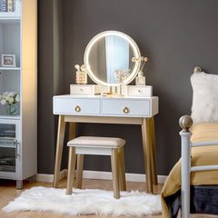 Makeup Vanity Table Set with Touch Screen Dimming Mirror and 3 Color Lighting Modes