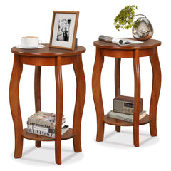 Set of 2 15 Inch 2-Tier Round End Table with Storage Shelf