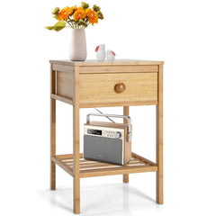 Set of 2 Bamboo End Tables with Drawer and Open Shelf