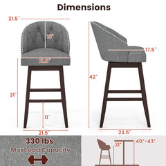 Set of 2 Swivel Bar Stools with Rubber Wood Legs and Padded Back