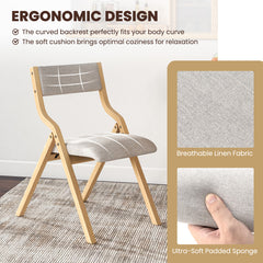 Set of 2 Wooden Folding Dining Chair with Linen Fabric Padded Seat and Backrest