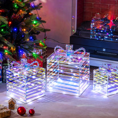 Set of 3 Christmas Lighted Gift Boxes with Bows and Plug