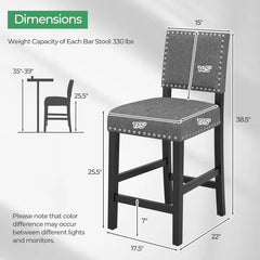 38.5/43.5 Inch Set of 2 Counter Height Chairs with Solid Rubber Wood Frame