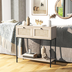 Rattan Console Table Boho Entryway Table with 2 Rattan Drawers and Open Storage Shelf