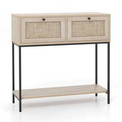 Rattan Console Table Boho Entryway Table with 2 Rattan Drawers and Open Storage Shelf