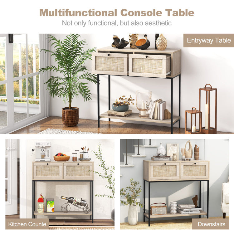 Wayfair Entry Table Rattan Rattan Console Table Boho Entryway Table with 2 Rattan Drawers and Ope ...