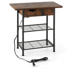 Side End Table with Charging Station Flip-Up Top for Living Room