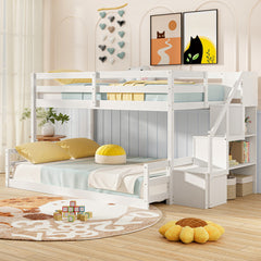 Solid Wood Twin Over Full Low Bunk Bed with Storage Stairs