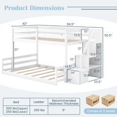 Solid Wood Twin Over Full Low Bunk Bed with Storage Stairs