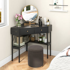 Triangle Corner Desk with Charging Station with 2 Drawers and Storage Shelf
